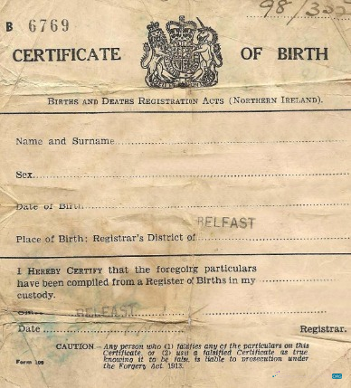 Download Northern Ireland Registrar of Births and Deaths birth certification Photoshop template